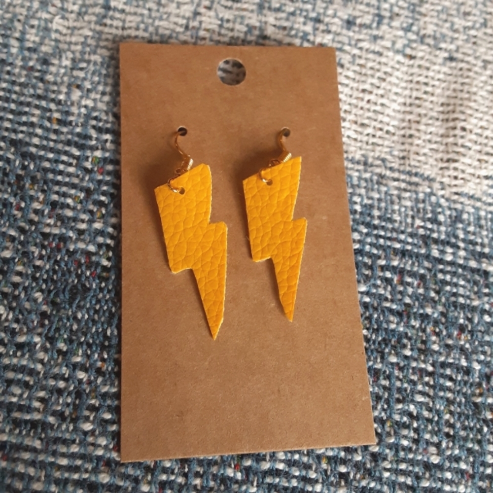 Yellow Lightning Bolt Faux Leather Earrings - Picture 1 of 3